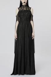 Black Off Shoulder Print Stitching Irregular Mesh Women's Gothic Dress